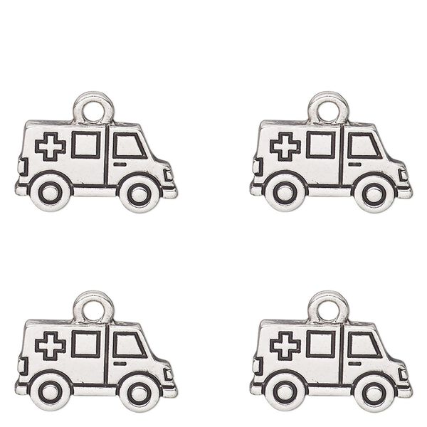 Charm, antique silver-finished "pewter" (zinc alloy) and enamel, black, 17x10mm single-sided ambulance. Sold per pkg of 4. image number 0