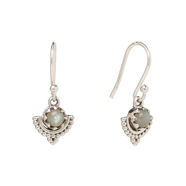 Ear wire, Create Compliments®, antiqued sterling silver and labradorite (natural), fishhook, 22m with 10mm single-sided beaded moon, 21 gauge. Sold per pair. image number 0