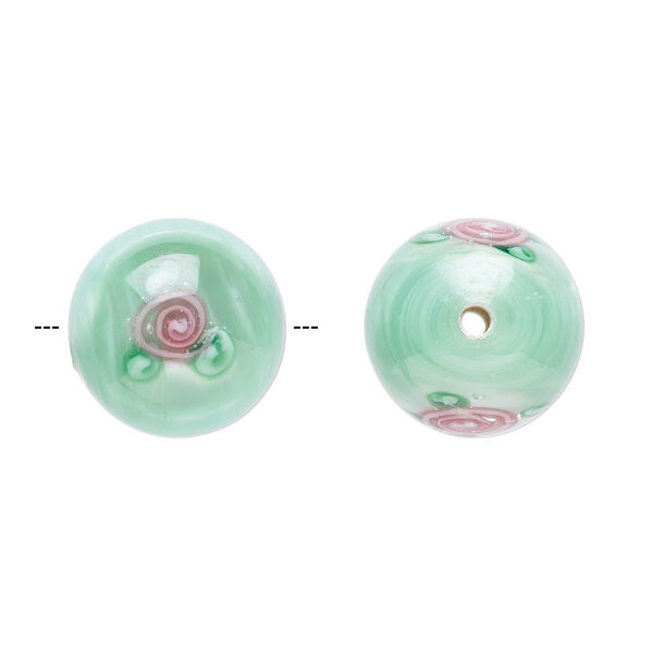 Bead, Czech glass, green with flowers, 12mm round. Sold per pkg of 4. image number 0