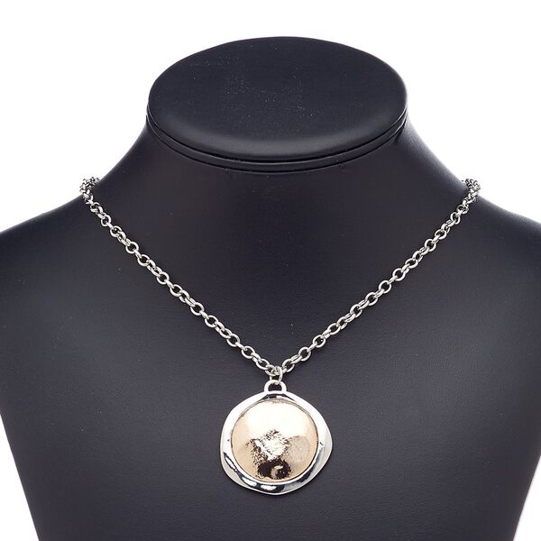 Necklace, copper-plated "pewter" (zinc-based alloy) / imitation rhodium-plated steel / "pewter" (zinc-based alloy), 38mm domed flat round, 18 inches with 3-inch extender chain and lobster claw clasp. Sold individually. image number 0