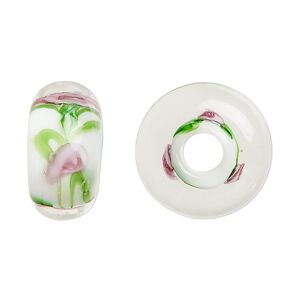 Bead, lampworked glass, opaque white and multicolored, 20x10mm rondelle with rose. Sold per pkg of 2.