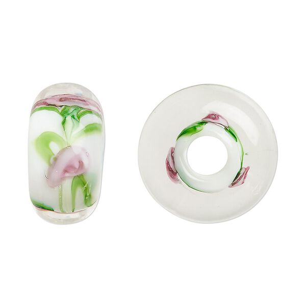 Bead, lampworked glass, opaque white and multicolored, 20x10mm rondelle with rose. Sold per pkg of 2. image number 0