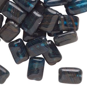 Bead, Czech pressed glass, opaque dark grey and blue, 12x9mm puffed rectangle with swirl pattern. Sold per 1-ounce pkg, approximately 37 beads.