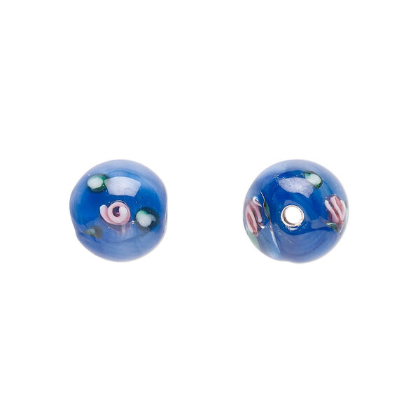 Bead, Czech lampworked glass, opaque blue / pink / green, 8-9mm round with flower design. Sold per pkg of 6. image number 0