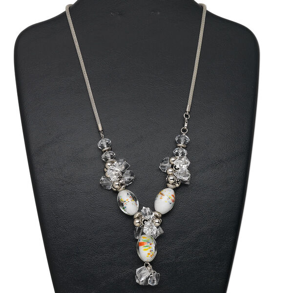 Necklace, acrylic / lampworked glass / steel / silver-finished brass / silver-coated plastic, clear and mixed colors, 24x17mm oval with mixed size and shape, 2-inch dangle, 22 inches with lobster claw clasp. Sold individually. image number 0