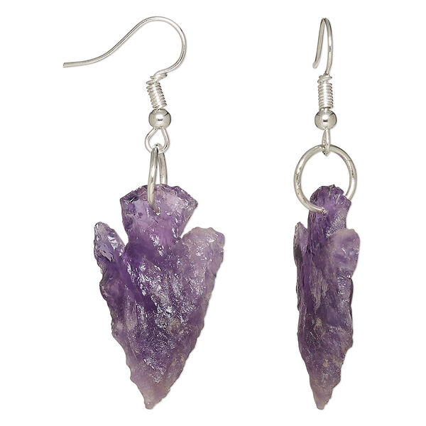 Earring, Everyday Jewelry, amethyst and silver-finished brass, 25x14-35x20mm hand-knapped arrowhead with fishhook ear wire. Sold per pair. image number 0