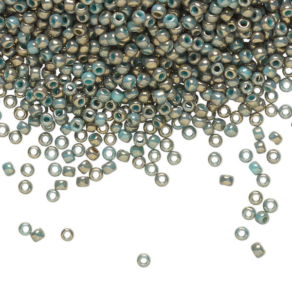 Seed bead, TOHO BEADS®, glass, pkg/50g, #11 round, opaque gilded marble turquoise (TR-11-1703). image number 0