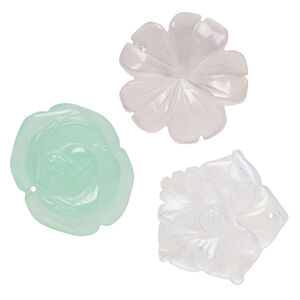 Drop mix 1pkg3, glass, translucent and transparent mixed colors, 34x29mm-41x41mm top-drilled carved flower.