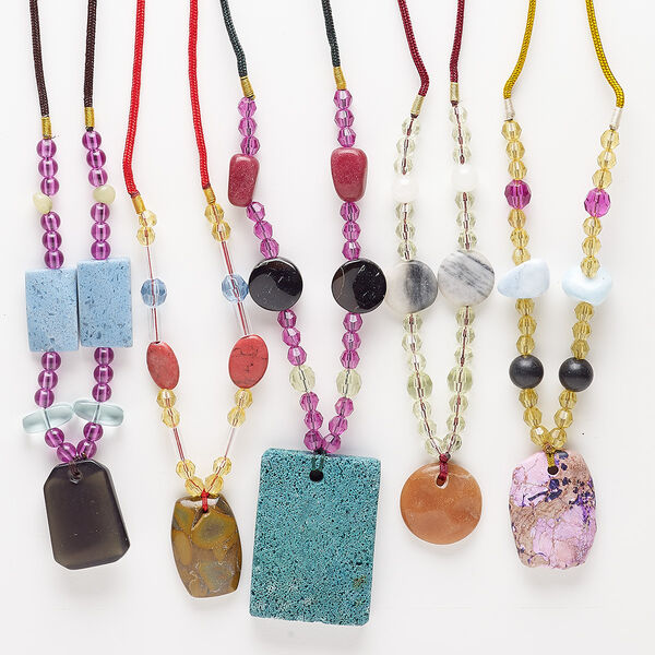 Necklace mix, multi-gemstone (natural / dyed) / nylon / acrylic / glass, multicolored, 24mm-50x36mm mixed shape, 20- to 24-inch continuous loop. Sold per pkg of 5. image number 0