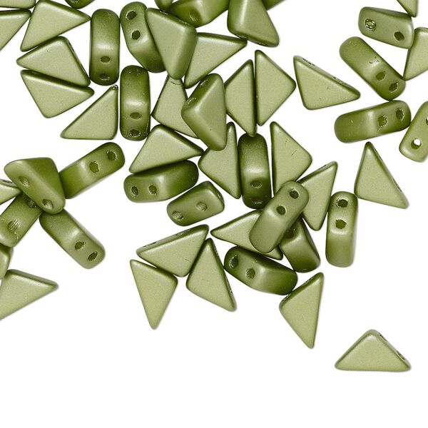Bead, Tango™, Czech pressed glass, opaque alabaster pastel olivine, 8x6x6mm triangle with (2) 0.7-0.8mm holes. Sold per 10-gram pkg, approximately 65 beads. image number 0