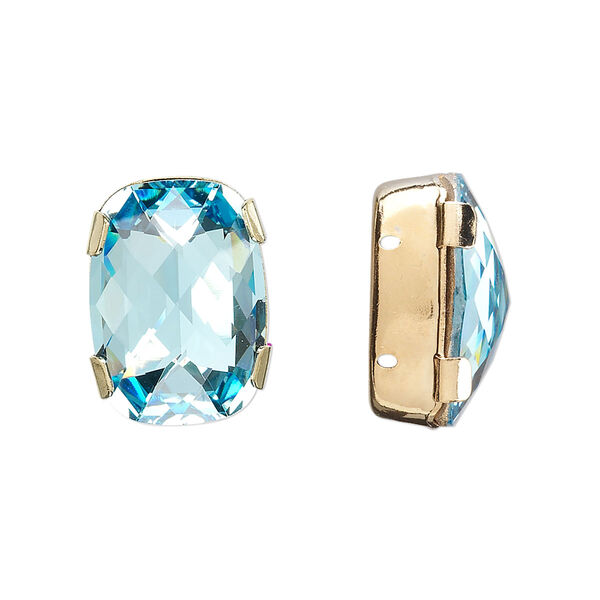 Spacer bar, crystal and gold-plated brass, Crystal Passions®, aquamarine, silver-foil back, 18x13mm double-drilled single-stone faceted rounded rectangle, 8mm between holes. Sold individually. image number 0