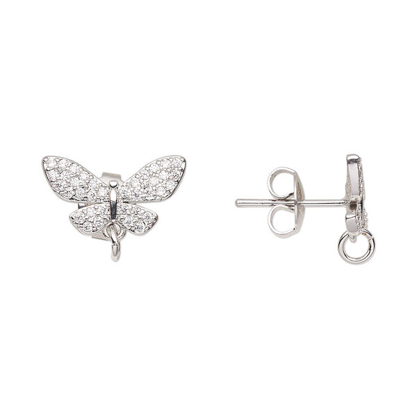 Earstud, cubic zirconia and imitation rhodium-plated brass, clear, 15x9mm butterfly with loop and open jump ring. Sold per pair. image number 0