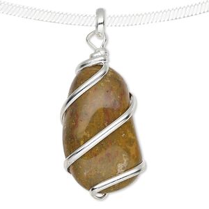 Pendant, camel jasper (natural) and silver-plated copper, medium to large hand-cut wire-wrapped tumbled nugget. Sold individually.