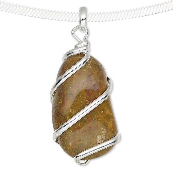 Pendant, camel jasper (natural) and silver-plated copper, medium to large hand-cut wire-wrapped tumbled nugget. Sold individually. image number 0