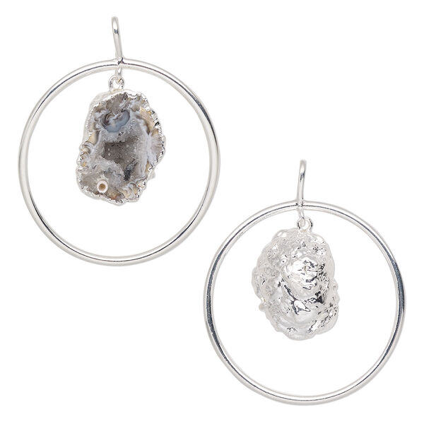 Pendant, Everyday Jewelry, silver-plated brass and agate geode (natural), 52x43mm-54x45mm open round. Sold individually. image number 0