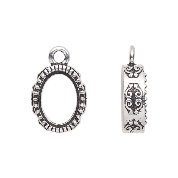 Drop, TierraCast®, "Celestial" collection, antique silver-plated pewter (tin-based alloy), 16.5x14mm oval with scroll design. Sold individually. image number 0