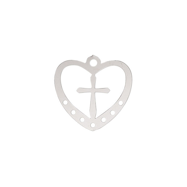 Drop, Lazer Lace™, stainless steel, 18x17mm double-sided open heart with cross and 7 loops. Sold per pkg of 4. image number 0