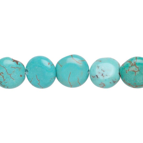 Bead, magnesite (dyed / stabilized), blue-green, 10-11mm puffed flat round, C grade, Mohs hardness 3-1/2 to 4. Sold per 16-inch strand. image number 0