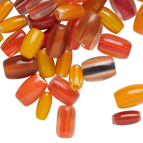 Bead mix, lampworked glass, opaque and translucent orange and red, 13x9mm-17x10mm round tube. Sold per 4-ounce pkg, approximately 80 beads. image number 0