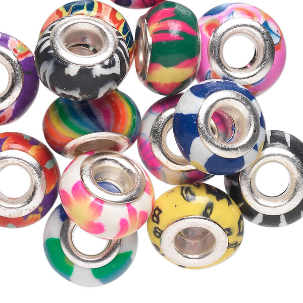 Bead mix, Dione®, polymer clay and silver-plated brass grommets, mixed colors, 14x8mm rondelle with mixed designs, 5mm hole. Sold per pkg of 14. image number 0