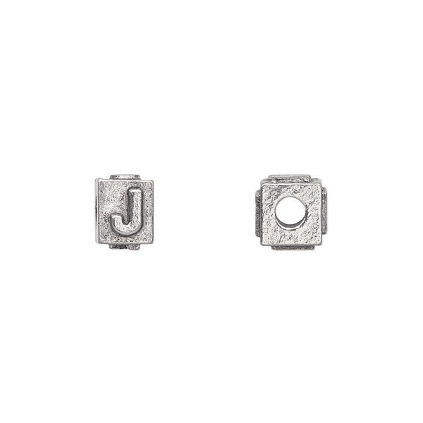 Bead, antiqued pewter (tin-based alloy), 8x6mm rectangle with alphabet letter "J". Sold per pkg of 4. image number 0