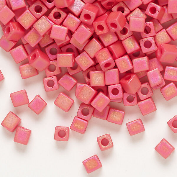 Seed bead, Miyuki, glass, pkg/25g, 3.5-3.7mm square, opaque frosted rainbow red (SB-407FR). image number 0