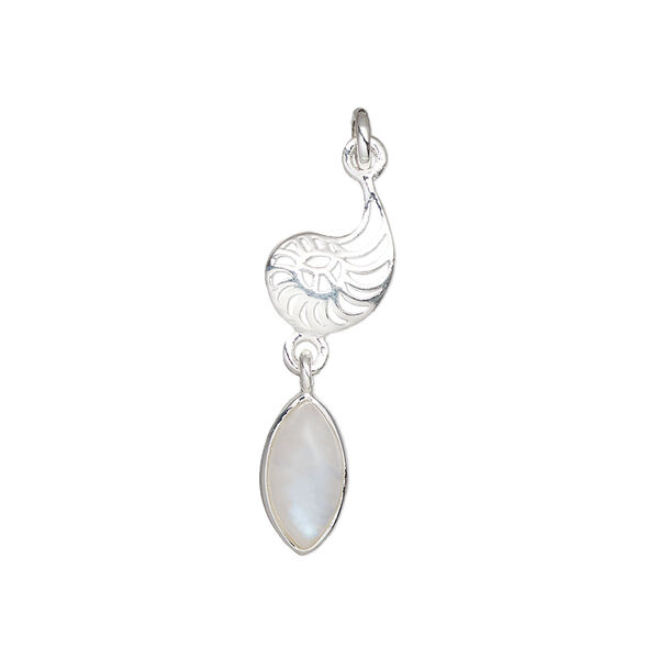 Drop, antiqued sterling silver and rainbow moonstone (natural), 26x8mm single-sided nautilus. Sold individually. image number 0