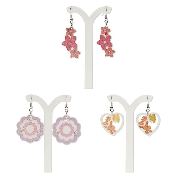 Earring mix, Everyday Jewelry, silver finish steel / glass / porcelain, multicolored, 20mm-50x25mm multi-shape with fishhook ear wire. Sold per pkg of 3 pairs. image number 0