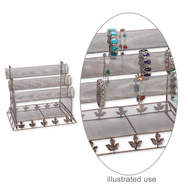 Display, bracelet, antiqued copper-finished steel, 3-tier, 10-1/2 x 12-1/2 x 8-3/4 inches with mesh and leaves. Sold individually. image number 0