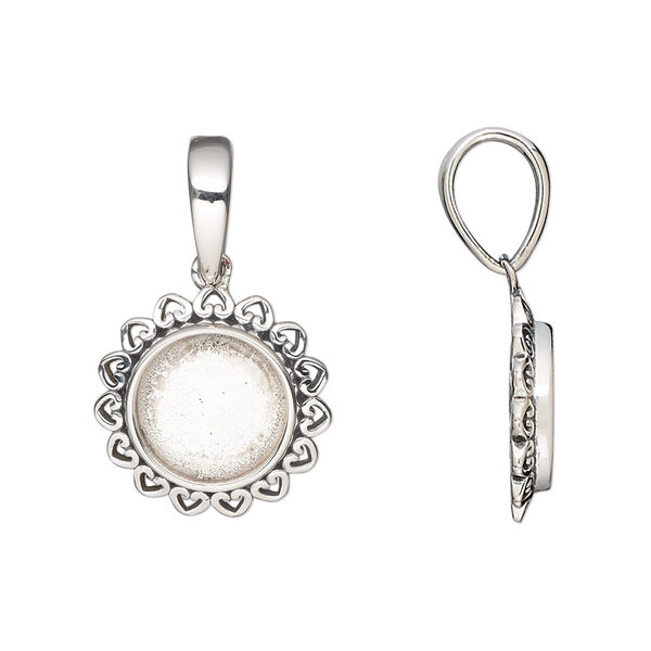 Pendant, antiqued sterling silver, 16mm round with heart rim design and 10mm round bezel setting. Sold individually. image number 0