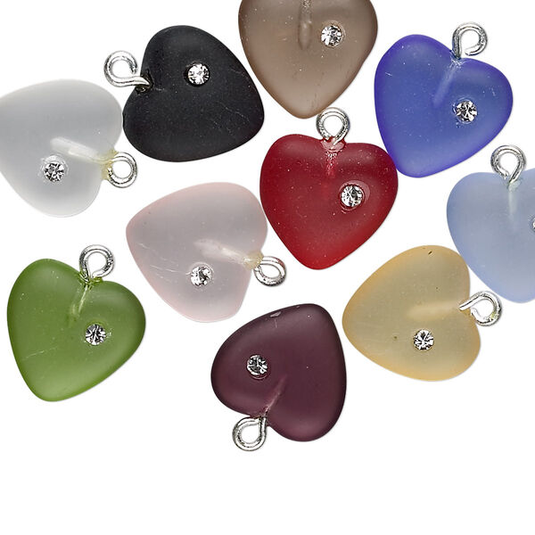 Drop mix, Czech glass / cubic zirconia / silver-plated brass, frosted mixed colors, 11mm heart. Sold per pkg of 20. image number 0
