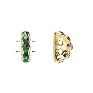 Spacer, glass rhinestone and gold-finished brass, green, 12x4mm 2-strand half-round bridge, fits up to 3.5mm bead. Sold per pkg of 10.