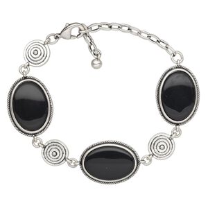 Bracelet, resin with antique silver-finished steel and "pewter" (zinc-based alloy), black, 29x21mm oval, 6-1/2 inches with 2-1/2 inch extender chain and lobster claw clasp. Sold individually.