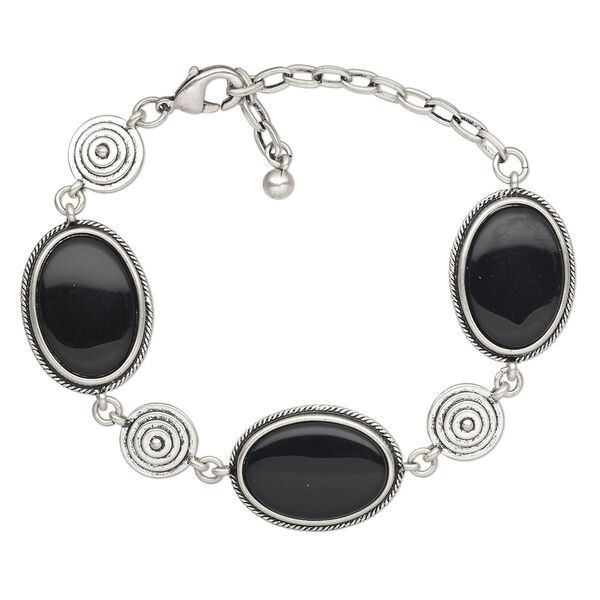 Bracelet, resin with antique silver-finished steel and "pewter" (zinc-based alloy), black, 29x21mm oval, 6-1/2 inches with 2-1/2 inch extender chain and lobster claw clasp. Sold individually. image number 0