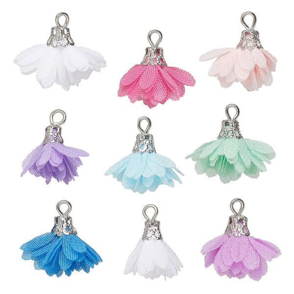 Drop, imitation rhodium-finished steel and polyester, mixed colors, 13x10mm flower tassel. Sold per pkg of 9. image number 0