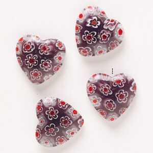 Bead, millefiori glass, pkg/4, translucent purple/red/white, 18-20mm half-drilled puffed heart.