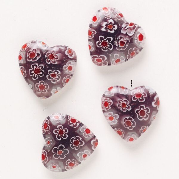 Bead, millefiori glass, pkg/4, translucent purple/red/white, 18-20mm half-drilled puffed heart. image number 0
