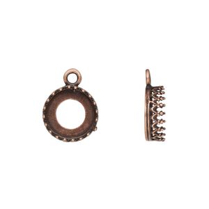 Drop, JBB Findings, antique copper-plated brass, 11.5mm round with decorative trim, 10mm round bezel setting. Sold per pkg of 2.