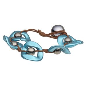 Bracelet, waxed cotton cord and acrylic, brown / teal blue / dark grey, 27mm wide with freeform donut, 6 inches with button clasp. Sold individually.