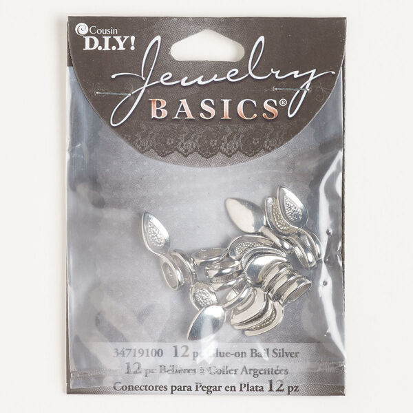 Bail, glue-on, brass, pkg/12, 12x8mm leaf with 7x4mm pad, silver finish. image number 0