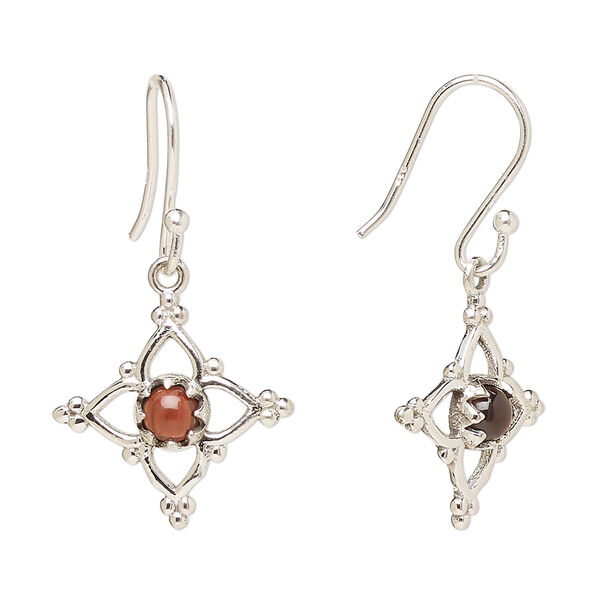 Ear wire, Create Compliments®, antiqued sterling silver and garnet (natural), fishhook, 32mm with 17mm single-sided open beaded diamond, 21 gauge. Sold per pair. image number 0