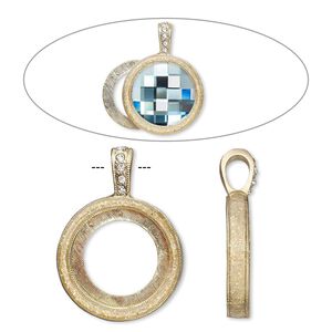 Pendant, Almost Instant Jewelry®, epoxy / crystals / gold-finished "pewter" (zinc-based alloy), crystal clear with glitter, 33x24mm single-sided with 20mm round setting. Sold individually.
