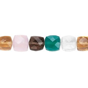 Multi-quartz / green onyx 1pkg10, hand-cut faceted cube bead 8mm