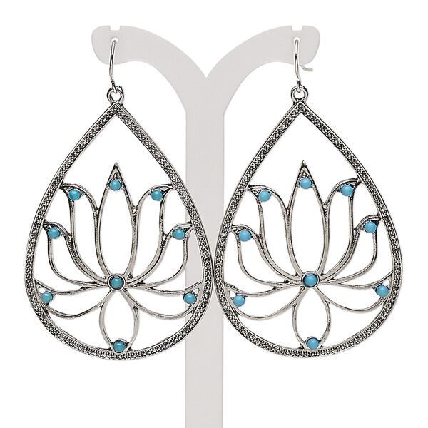Earring, acrylic with antique silver-plated steel and "pewter" (zinc based alloy), turquoise blue, 2-3/4 inches with teardrop and cutout lotus design with fishhook ear wire. Sold per pair. image number 0