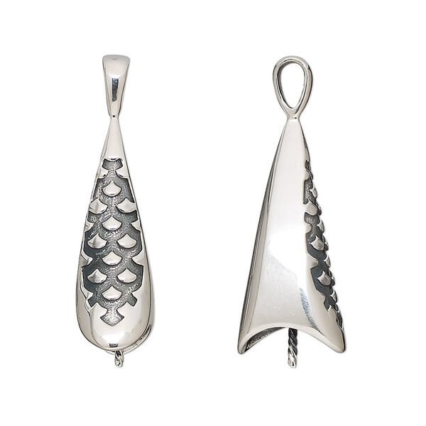 Pendant, antiqued sterling silver, 30.5x8mm cone with scale design and 4mm peg, fits 10mm half-drilled bead. Sold individually. image number 0