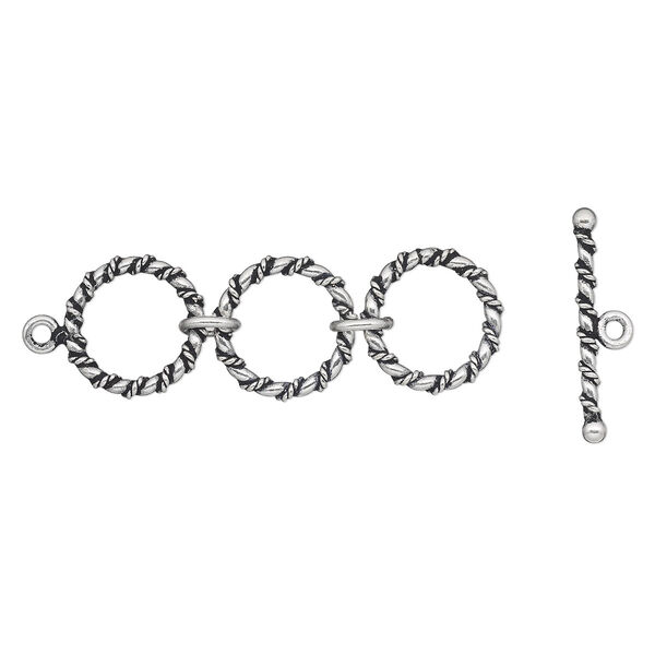 Clasp, antiqued sterling silver, 51x16mm toggle with twisted design and three rings. Sold individually. image number 0