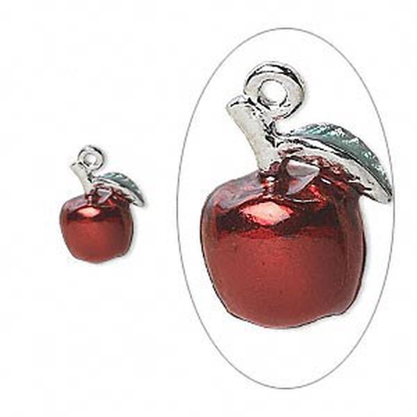 Charm, silver-plated "pewter" (zinc-based alloy) and enamel, red and green, 11x9.5mm single-sided apple with leaves. Sold per pkg of 2. image number 0