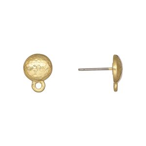 Earstud 1pkg10 TierraCast® gold-plated pewter (tin-based alloy) / titanium, 9mm hammered round / closed loop / hammertone collection, 5 pair