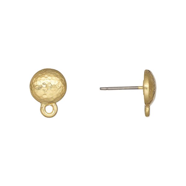 Earstud 1pkg10 TierraCast® gold-plated pewter (tin-based alloy) / titanium, 9mm hammered round / closed loop / hammertone collection, 5 pair image number 0