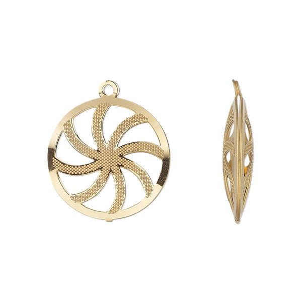 Drop, gold-finished stainless steel, 18mm double-sided domed round with textured cut-out swirl design. Sold per pkg of 6. image number 0